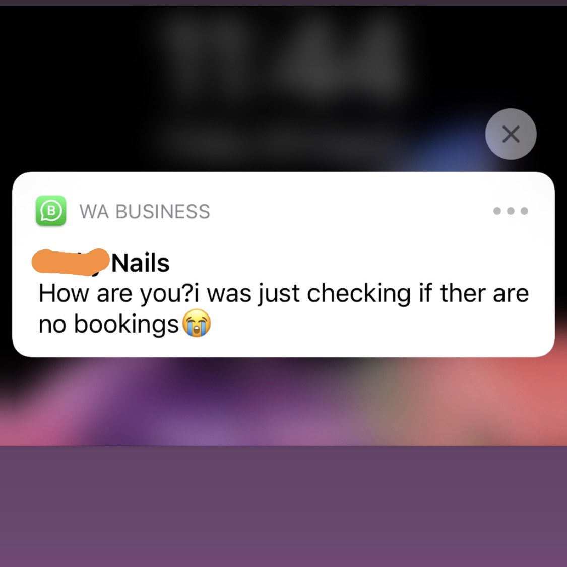 Oh look, as I’m writing this thread, this text comes from one of the nail techs who is signed up on my mobile beauty bar  @ravesa_beauty. She evidently is desperate for bookings. She’s good at what she does, and again, my heart shatters as I have to say to her “nothing sis” 