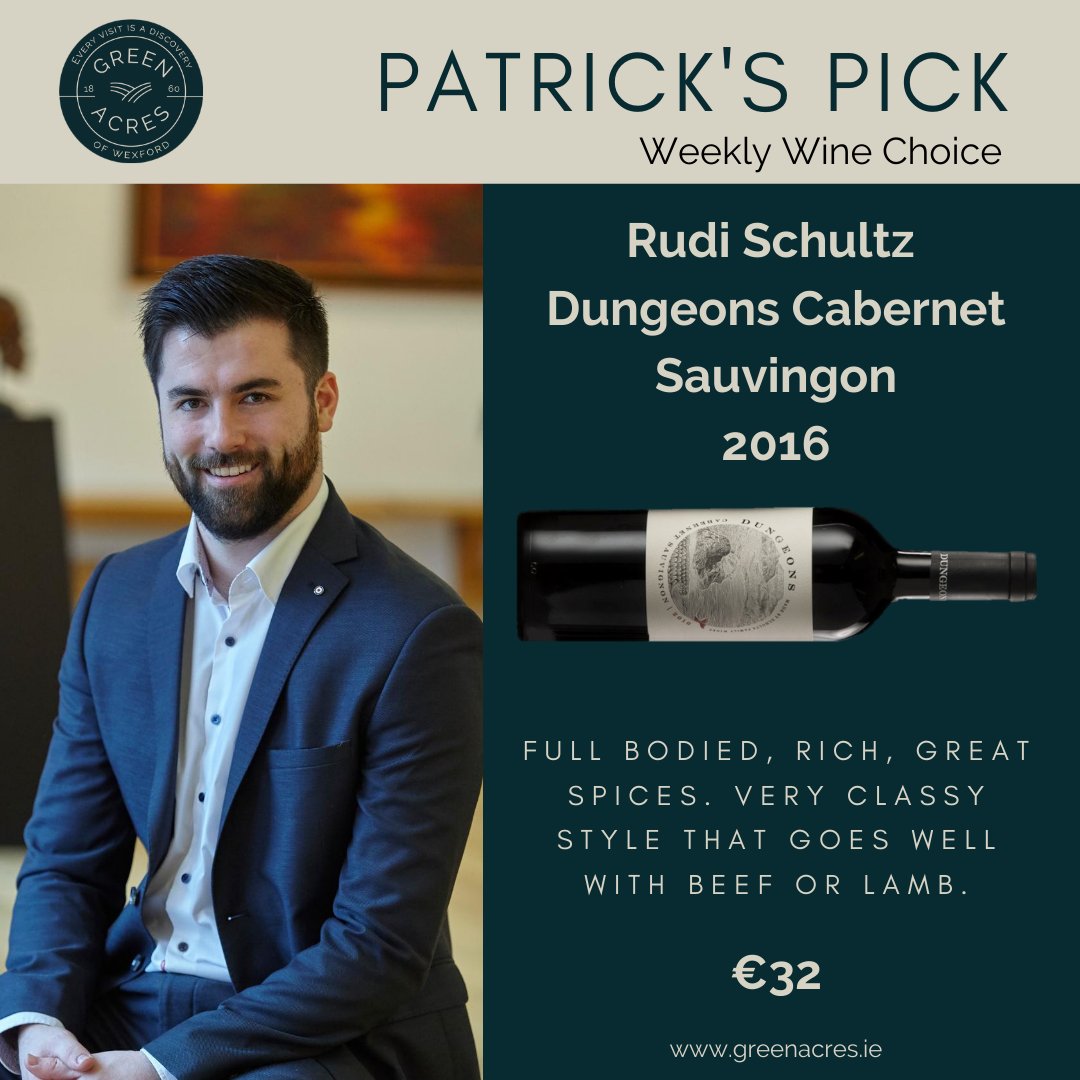 GreenacresIrl's tweet photo. Last Friday, Patrick's Pick was a red wine from the Stellenbosch region in South Africa - Dungeons Cabernet Sauvignon 2016 from Rudi Schultz wines. It is bold and structured, 'beautiful with beef or lamb'. #patrickspick #weeklywine #discoverwine #greenacresirl https://t.co/aIT1oyQ3fv