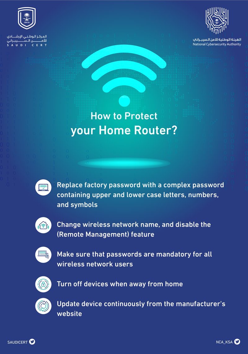 SAUDICERT's tweet photo. To ensure a safe educational journey🛡📚, we must make sure that the router is secured in our home 🌐🔐.. #Safely_Learn together
https://t.co/tPUVHIekT1
#Cybersecurity https://t.co/7KtIWTOOEy