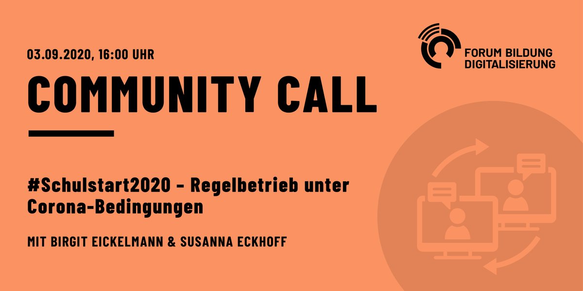 ForumBilDig's tweet image. #Schulstart2020 ist Thema im 1. #CommunityCall nach den Sommerferien: Wie läuft&apos;s mit dem #Regelbetrieb unter Corona-Bedingungen? Wir freuen uns auf den Austausch über eure Erfahrungen mit unseren Gästen @prof_birgit und @su_digi. #twlz

Anmelden: 👉 bit.ly/32EBVp0