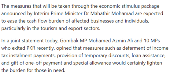 Azmin also tried to take credit for the economic stimulus package announced by acting PM  @chedetofficial on the 27th of Feb 2020. This was the work done by  @guanenglim & his officers while Azmin was planning Langkah Sheraton...