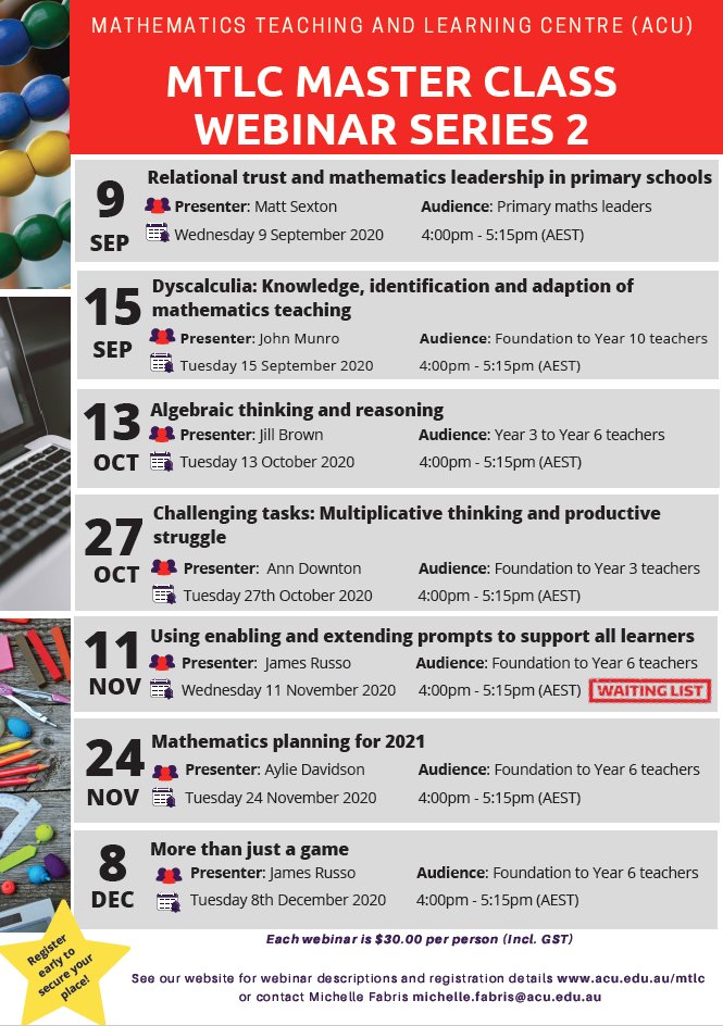 Mathematics Teaching and Learning Centre (@mtlc_acu) on Twitter photo Our MTLC Maths Master Class Webinar Series 2 is running from September to December with many fantastic presenters <a href="/MattSextonACU/">Dr Matt Sexton (PhD)</a> <a href="/jillbrown_AUS/">Jill BROWN</a> <a href="/AnnDownton/">Ann Downton</a> <a href="/surfmaths/">James Russo</a> <a href="/ayliedavidson/">Aylie Davidson</a> and John Munro! Register now as places are filling fast.
acu.edu.au/mtlc #mathspd Our MTLC Maths Master Class Webinar Series 2 is running from September to December with many fantastic presenters <a href="/MattSextonACU/">Dr Matt Sexton (PhD)</a> <a href="/jillbrown_AUS/">Jill BROWN</a> <a href="/AnnDownton/">Ann Downton</a> <a href="/surfmaths/">James Russo</a> <a href="/ayliedavidson/">Aylie Davidson</a> and John Munro! Register now as places are filling fast.
acu.edu.au/mtlc #mathspd