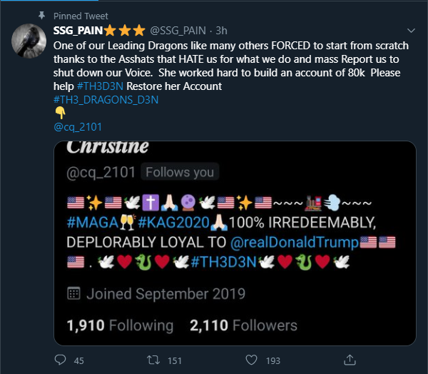 44. The Dragon Lady who told Jack to leave QAnon alone or she was gonna reveal the child trafficking hashtags got banned. SSG Pain's pinned tweet is helping her re-build her audience.