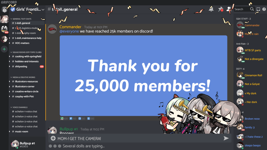 GirlsFrontlineE's tweet image. Our discord community has reached 25,000 members! To celebrate this, we're having a gems giveaway! Share/Retweet this post from Aug. 28th to Sep. 8th (UTC-8) for a chance to win 2000 gems!
#GirlsFrontline
