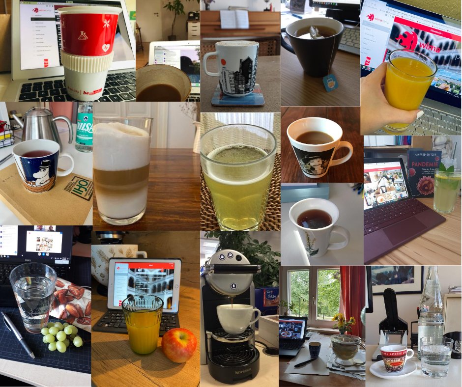 wimacamp's tweet photo. Guten Morgen und Prost Kaffee! Die kleine Collage entstand während unseres #WIMAcamp. Ein kleiner Versuch, auch bei einem online Event etwas unterhaltsame Interaktion hinzubekommen. Wurde prima angenommen. https://t.co/wXfmQJ41RJ