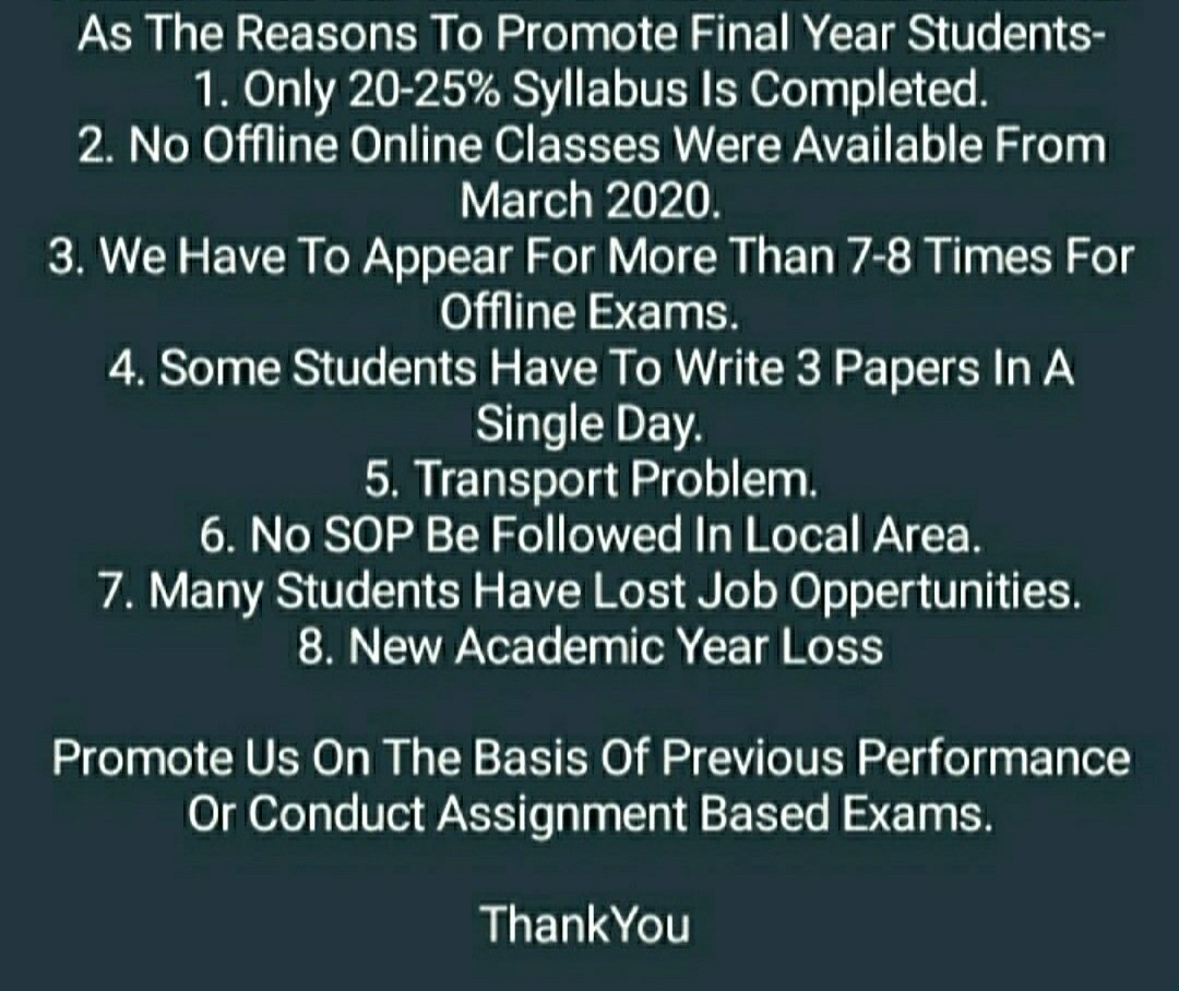 Rahul62202040's tweet photo. @himantabiswa Sir
The UG students have already cleared previous 5 semesters Exam

Then with an average marking system please publish the final semester results as soon as possible
The final semester syllabus is only about 20% completed.Then how Exam is possible

Help Final Year Student🙏😣😟🙏 https://t.co/b8w5bFVCuF