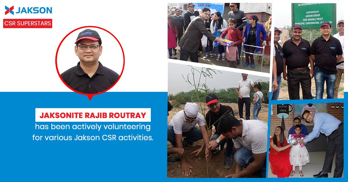 JaksonGroup's tweet photo. Rajib Routray, GM-Legal, has actively participated in various employee volunteering activities of Jakson.

#CSRSuperstar #Care #CoreValues #employeevolunteering #jaksoninns #jaksonhospitality #sustainabledevelopmentgoals #csrindia #csrprofessionals #corporatesocialresponsibility https://t.co/UWHaV6SLiC