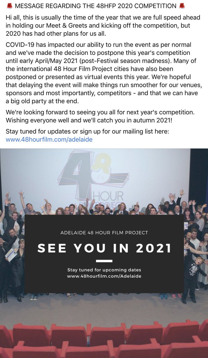Adelaide48HFP's tweet photo. A message regarding our 2020 Adelaide 48 Hour Film Project Competition.

#Adelaide48hfp https://t.co/cfBrTYdBTO