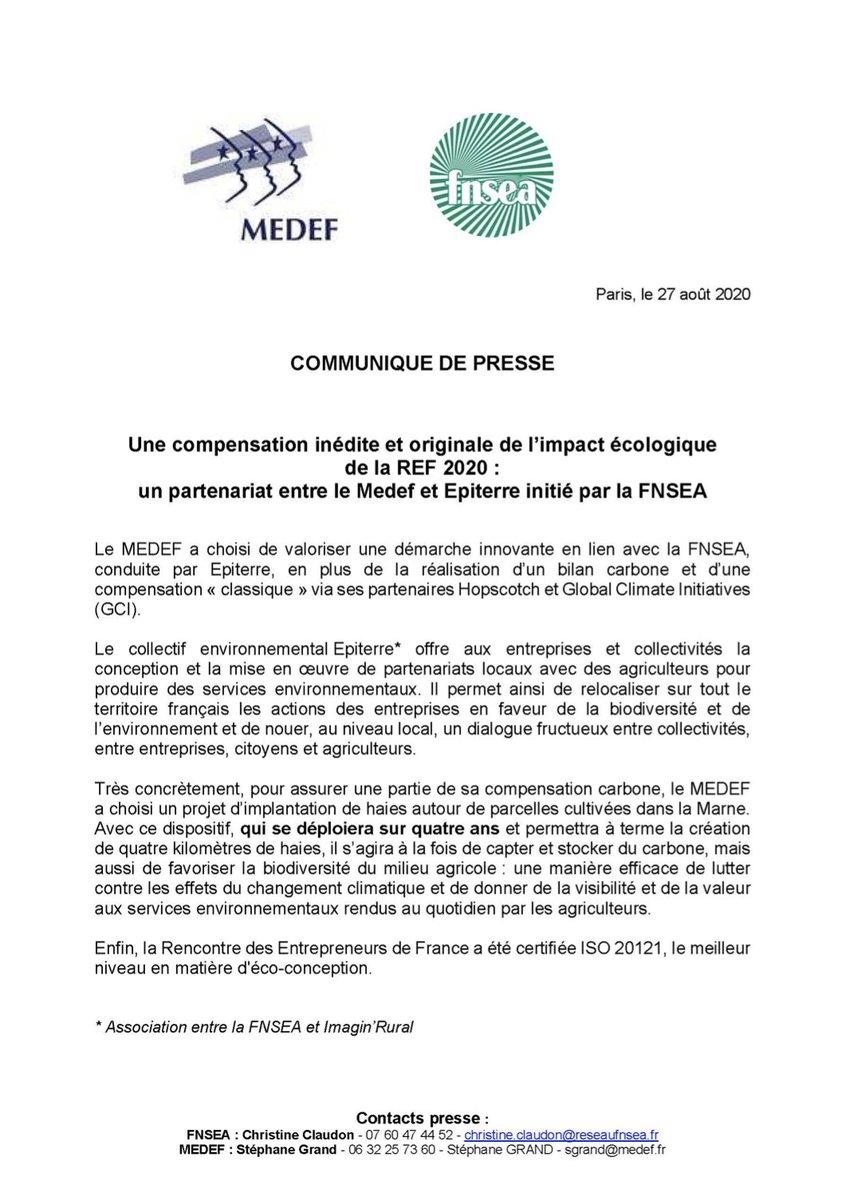 [ACTU SYNDICALE] 
#agriculture #environnement

Une compensation inédite et originale de l’impact écologique de #LaREF20 : un partenariat entre le MEDEF et Epiterre
 initié par la FNSEA 

PLUS D'INFOS 👇