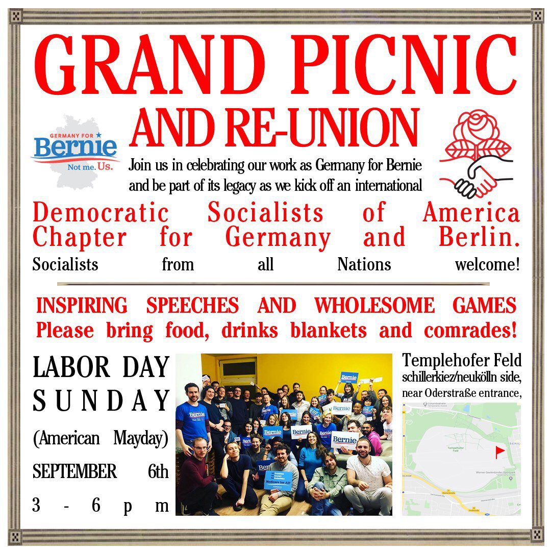 BerlinDSA's tweet photo. We want to become one of the first international chapters of: 

🌹DEMOCRATIC SOCIALISTS of AMERICA🌹

‼️ Join us ‼️ 
For a grand Picnic on September 6th to get to know us, get more info about becoming a DSA member and some fun actitivies! 
#Berlin #DSA #Picnic #Reunion #Socialism https://t.co/GRvRE3yX6k
