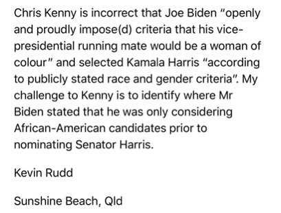 The next day, I wrote this very polite letter to  @australian correcting the record. Surely Kenny would be able to identify where Biden "publicly stated race and gender criteria" for his running mate? Surprise, surprise... they refused to publish my letter. 5/8