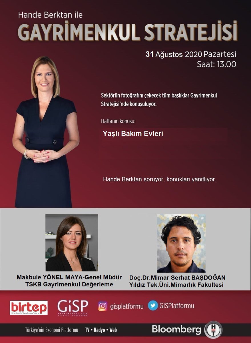 GİSP tarafından düzenlenen, BİRTEP’in sponsor olduğu ‘Gayrimenkul Stratejisi’ programı her pazartesi saat 13’te BLOOMBERG’te. Bu haftanın konusu ‘Yaşlı Bakım Evleri’ Makbule Yönel Maya (TSKB Değerleme Gn Md) ve Doç. Dr. Serhat Başdoğan (YTÜ) <a href="/makbuleyonel/">Makbule Yonel Maya</a> <a href="/GISPlatformu/">GİSP</a> <a href="/BirtepTR/">BİRTEP</a>
