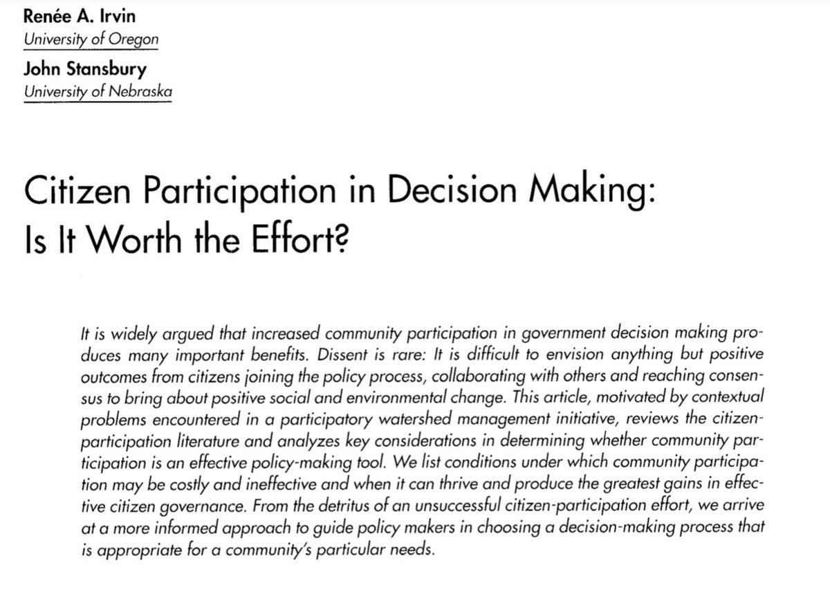 Link in the post to research from the environmental sector on PDMCitizen Participatory in Decision Making - Is it Worth the Effort.Sometimes not... https://www.researchgate.net/profile/Renee_Irvin/publication/227541071_Citizen_Participation_in_Decision_Making_Is_It_Worth_the_Effort/links/5a78a2500f7e9b41dbd436f4/Citizen-Participation-in-Decision-Making-Is-It-Worth-the-Effort.pdf?origin=publication_detail