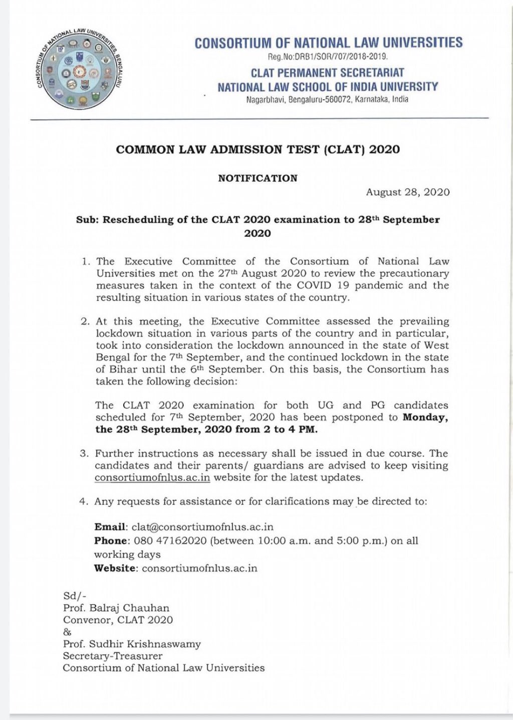 CLAT Exam 2020 has been officially postponed today