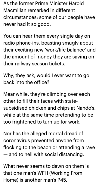 AdamBienkov's tweet photo. Amazing admission buried at the bottom of this Richard Littlejohn column in the Daily Mail, berating people for working from home. https://t.co/HilmehESPF