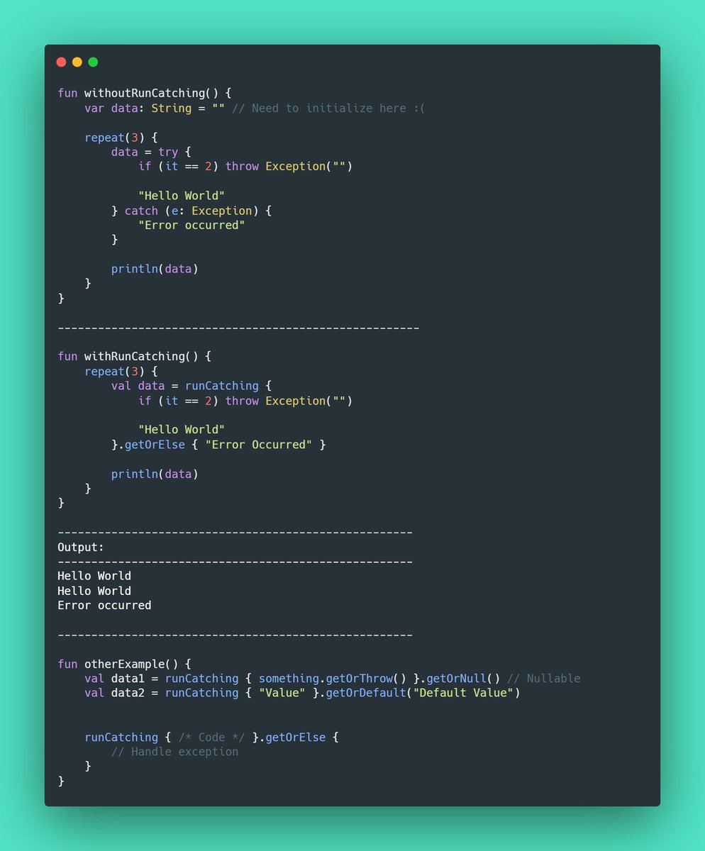 imShreyasPatil's tweet image. 💡#KotlinTip
- Use `runCatching()` instead of using normal try-catch if you want any data which throw an exception.
- It provides `getOrNull()`, `getOrDefault()`, `getOrElse()` functions.
#Kotlin #KotlinDev #AndroidDev
