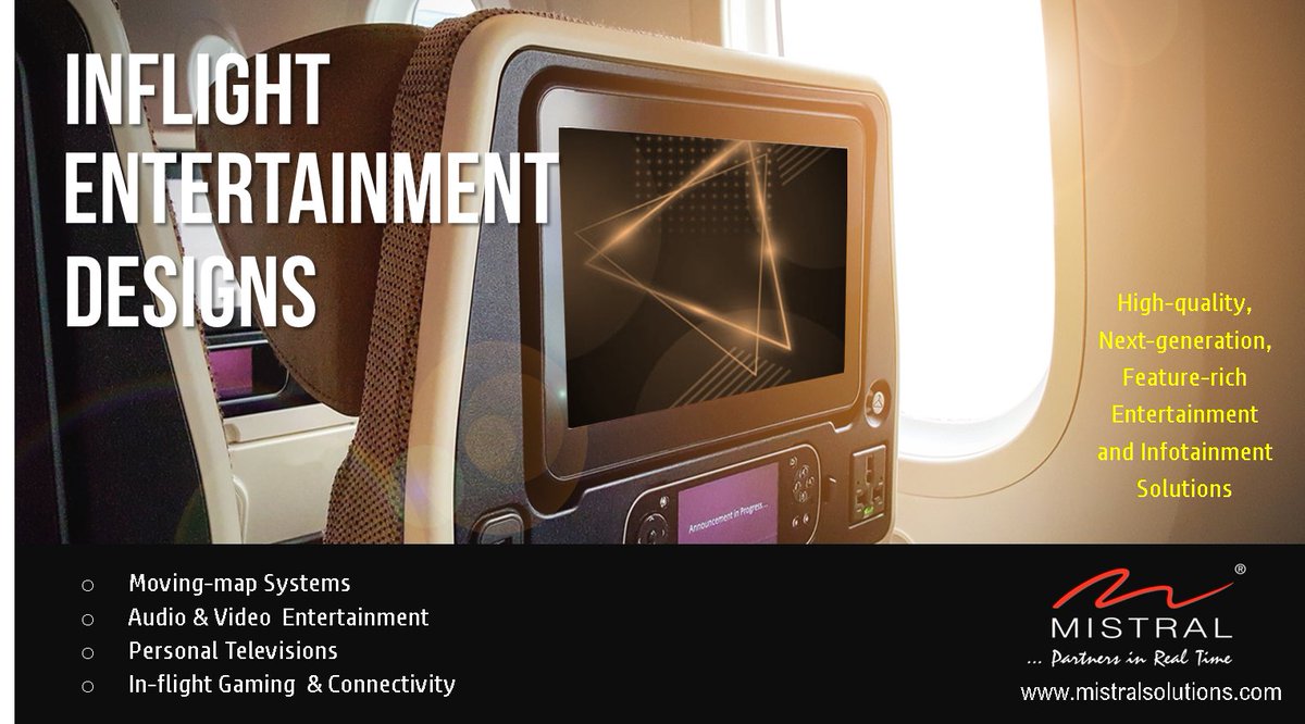 MistralSoln's tweet image. Design #Inflight entertainment solutions with seamless connectivity! Mistral offers cutting-edge embedded hardware and software solutions integrating audio, video, wireless technologies and #DSPAlgorithms, paving the way for intelligent, connected devices. bit.ly/2O4k6eZ