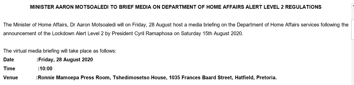 SAgovnews's tweet image. Home Affairs Minister, Dr Aaron Motsoaledi is briefing the media on department's #level2 Regulations #level2lockdown