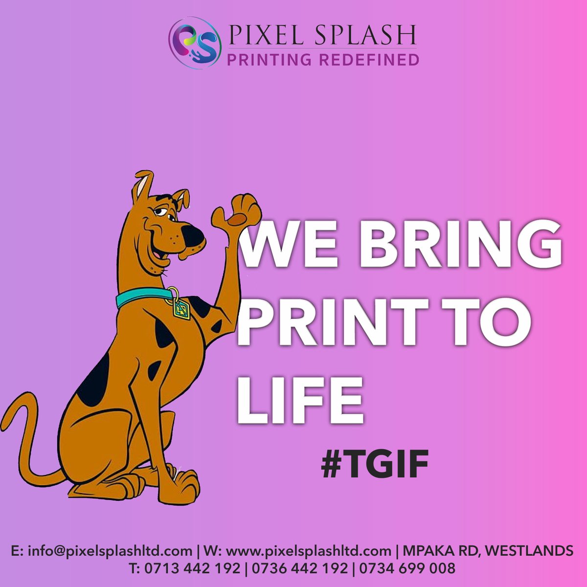 Pixelsplashltd's tweet photo. We bring your print work to life, Thank God for its Friday!
#print #tgif #quality #colors #nairobi #westlands https://t.co/WRt47wdlcP