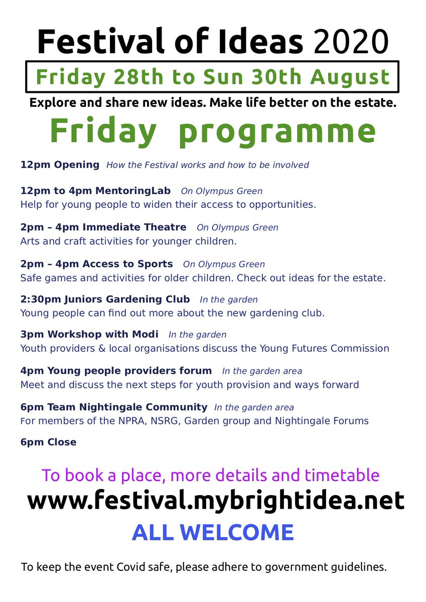 We kick this weekends Festival of Ideas off at 12pm. Today there is theatre, garden, workshops with our special Youth providers and much more! So pop down, have fun and put your say into what you want from your community! For more info or book a place at festival.mybrightidea.net