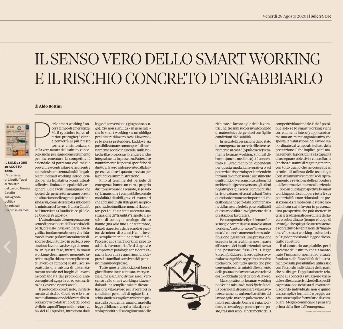bottaldo's tweet image. Smart working, non servono nuove norme. Serve invece capirne le potenzialità e utilizzarlo in modo adeguato. Sul ⁦@sole24ore⁩ di oggi