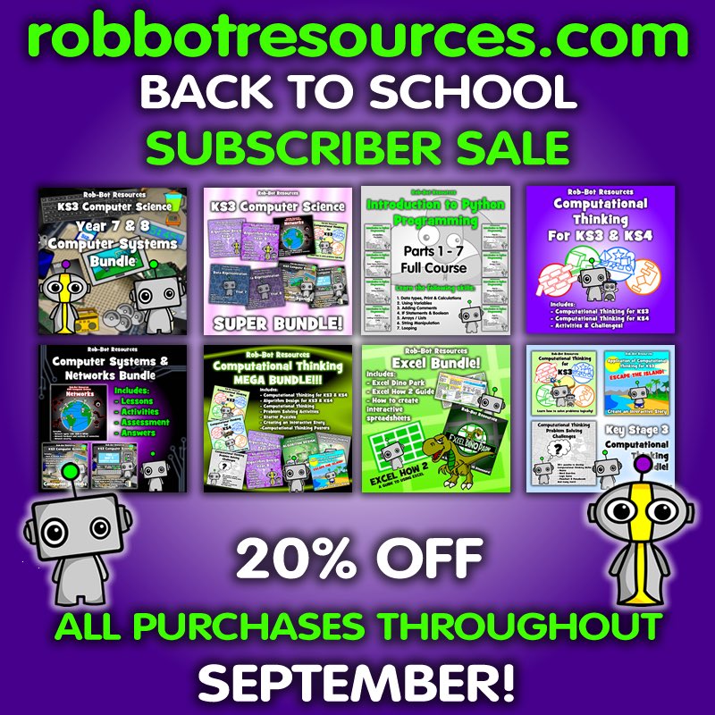 Subscribe to my website and use the code provided to receive 20% off all purchases throughout September! Check them out at robbotresources.com #BackToSchool #edtech #computationalthinking
