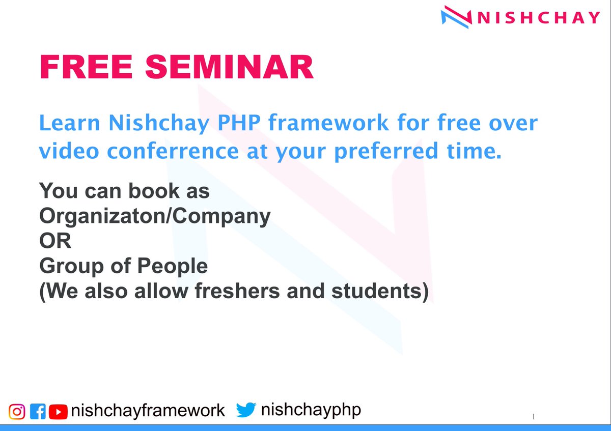 nishchayPHP's tweet image. Learn nishchay framework for free over video conference at your preferred time.

#php #phpframework #webniar #backenddeveloper #freewebinar #freeseminar