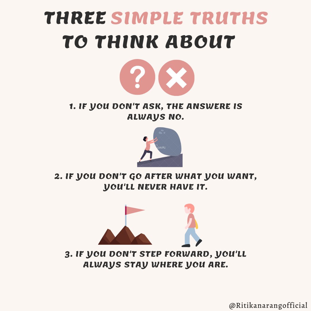 riti_1994's tweet photo. These are the three simple truths to think about life. Do share your thoughts here.
P.S. - You can do hard things. REMEMBER - "Mountains always look bigger from the bottom".
.
#girlbosstribe #futureisfemale #ritikanarang #motivation #positivevibes #selfdevelopment #positivity #RN https://t.co/SoYQhqtNTX