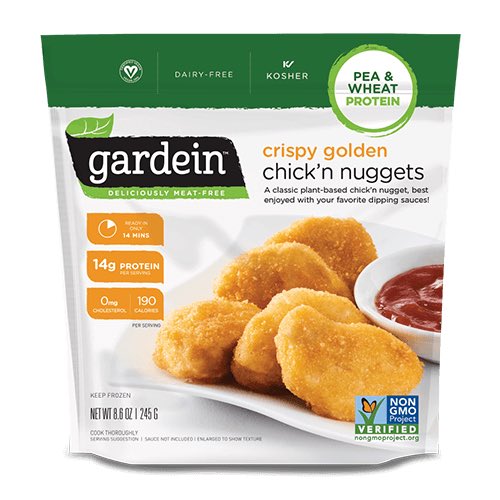 Brand: GardeinChick’n tenders - 90cals for 2 (my fav)Plant Jerky - 80cals per ozChick’n Nuggets - 190cals for 5 (same as McNuggets)Ultimate Beefless Burger - 130cals