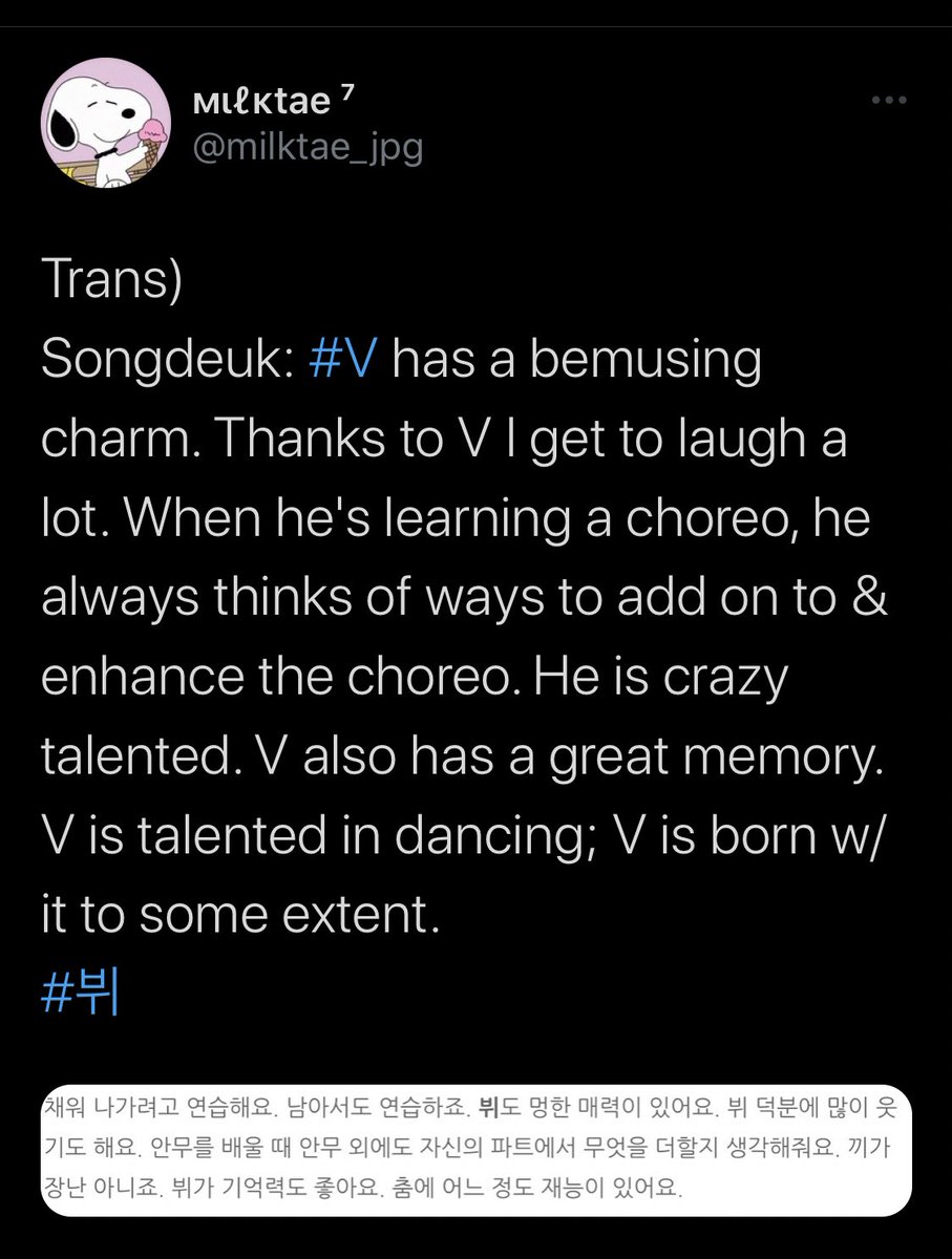 Son Songddeuk-nim , an official choreographer of bts even praised taehyung’s talent.