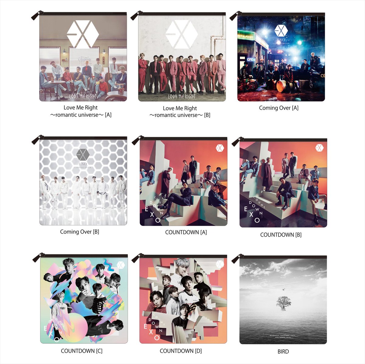 ** only images of the pouch are out, but I have translated the item desc- EXO-L Japan exclusive: Album cover pouch (total of 9, random)- Foldable eco tote bag: A big tote bag that you can fold up to easily carry when not in use.