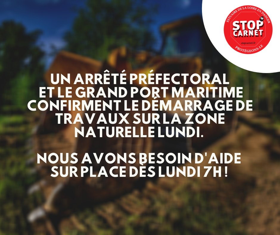 StopCarnet's tweet photo. 🛑 Le démarrage des travaux sur la zone naturelle du Carnet lundi est confirmé par arrêté préfectoral et le Grand Port Maritime Nantes / Saint-Nazaire. 🛑 

Nous avons besoin d'aide plus que jamais ce week-end et lundi dès 7h pour stopper les travaux. 

Relai apprécié ❤️ https://t.co/AyWNiHEB5M
