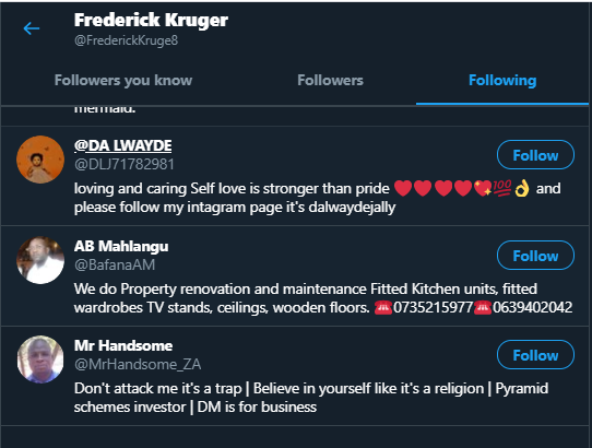 With  @TracyZille still in mind, I poked a bit at the account.I noticed something peculiar. One of the earliest accounts that had followed Ol' Frikkie here had me blocked. I had never seen nor heard of this account, and it had a pretty solid following.