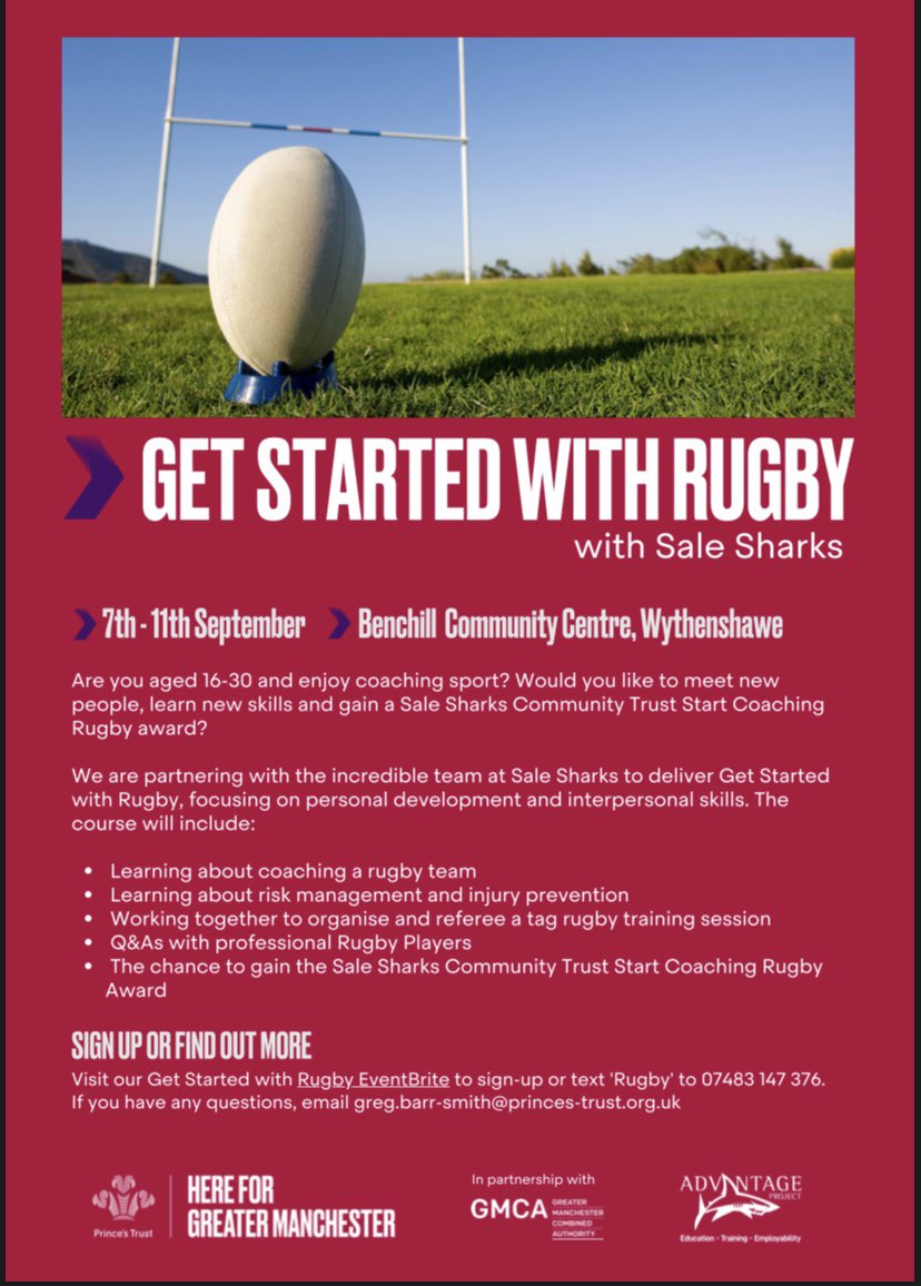 Are you 16-30, interested in #coaching #sport and you would like to meet new people &amp; gain new #skills?

@P_Trust_North &amp; <a href="/SaleSharksRugby/">Sale Sharks 🦈</a> are delivering a Get Started w/ Rugby in #Wythenshawe 🏉 

Sign up right here! 👇🏾👇🏾

eventbrite.co.uk/e/get-started-…