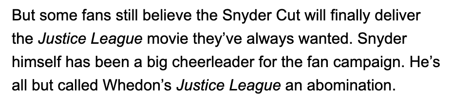 8/25Yet again, with just the most basic amount of research, TBW would quickly understand why the fans believe this, and why Snyder has been so supportive of  #ReleaseTheSnyderCut.