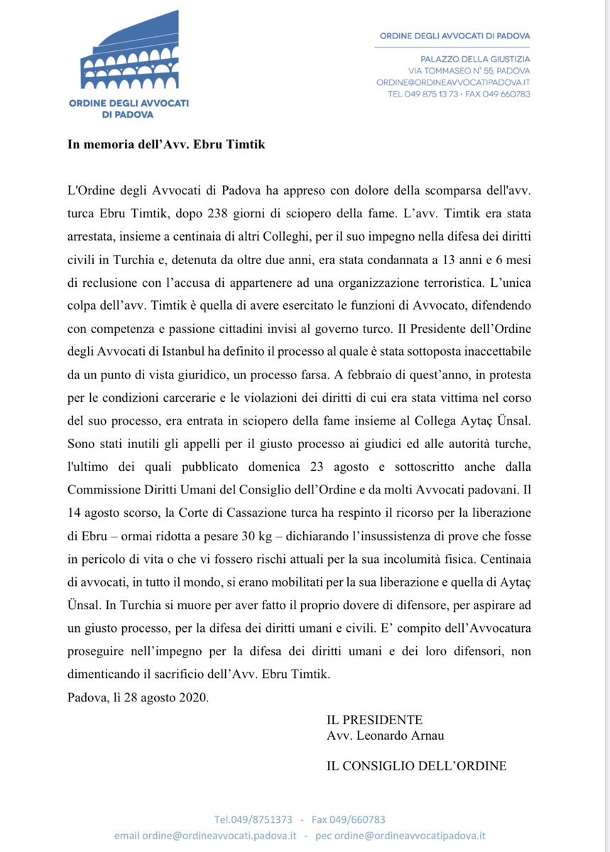 OrdineAvvPadova's tweet photo. C’è ancora chi muore per i #valori in cui crede. Comunicato del Presidente @ArnauLeonardo ⬇️⬇️⬇️ https://t.co/yTJUUFA7IZ