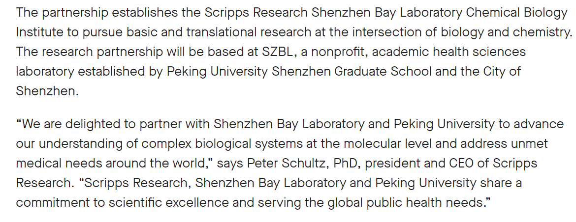 7. Shenzhen City Council & Peking University "Scripps Research faculty will establish joint labs at Shenzhen Bay Lab with research areas including synthetic chemistry, natural products, glycobiology, chemical genetics, proteomics & other critical areas of chemical biology"
