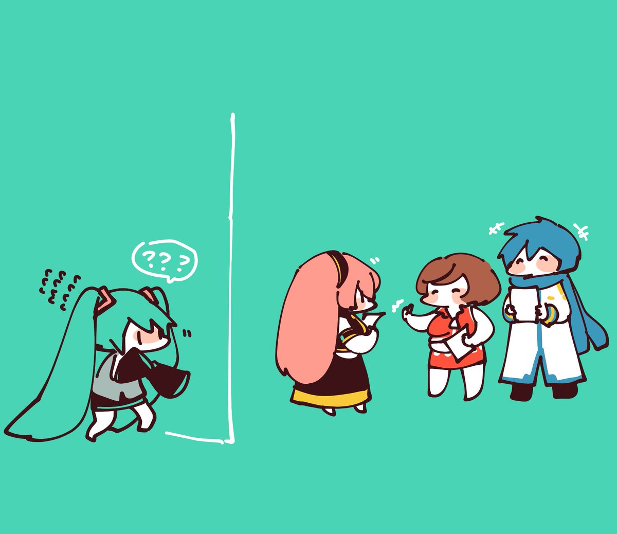 なにやら皆が隠れてコソコソ何かしてるのを感じているミクちゃ ὢ 袁のイラスト