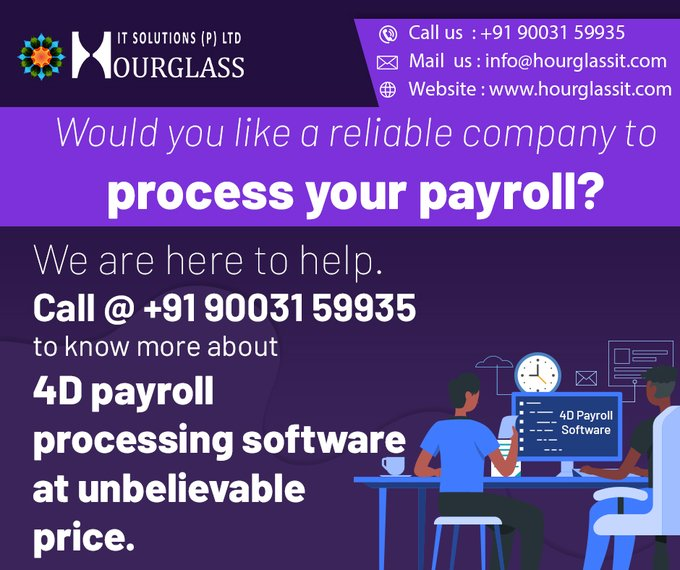 HourglassIT's tweet image. Would you like a reliable company to process your payroll? We are here to help.Starting @ Rs. 2,000 /Month Call now! +91 90031 59935 to know more about bit.ly/34cbCH1 4D #payrollprocessingsoftware at unbelievable price. #payrollsoftware #payroll #hrpayroll #smallbusiness