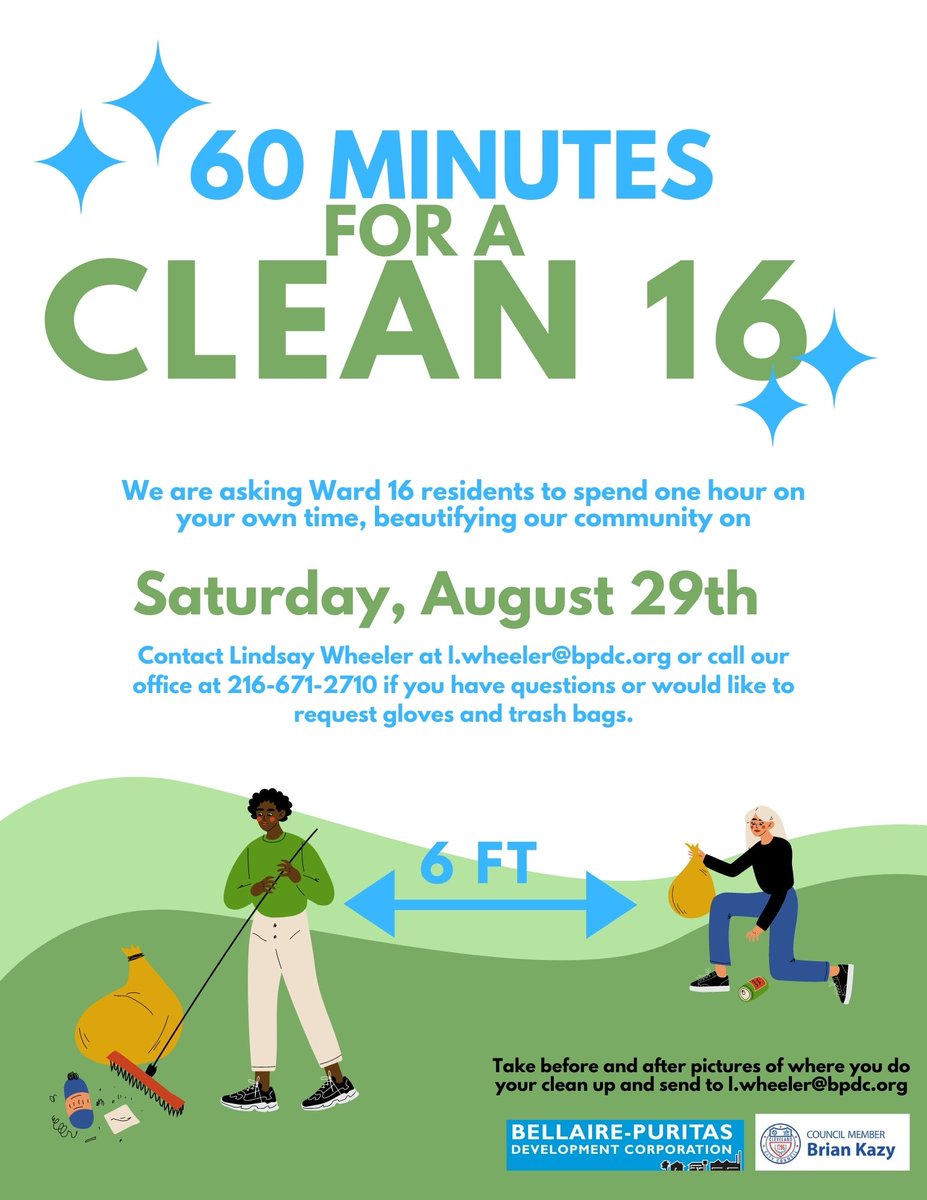 BellairePuritas's tweet photo. Spend an hour cleaning up part of our community this Saturday, August 29th. Choose any spot you want to beautify in Ward 16. Snap a pic and post to social media with the #Clean16 tag! https://t.co/pnX7SEHO4V