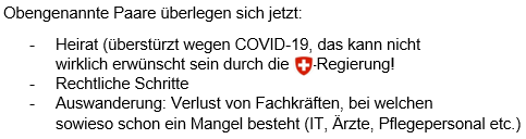 Jana85528962's tweet image. Feedback zur Lösung @EJPD_DFJP_DFGP: An der Situation für Paare mit visumspflichtigen Partnern hat sich nichts geändert (Verwehrung Visa wegen erschwerter Rückkehrmöglichkeit durch COVID19). 
Bitte dringend um Korrektur/ Dialog mit uns! Denn es ist 5 vor 12:
#LoveIsNotTourism