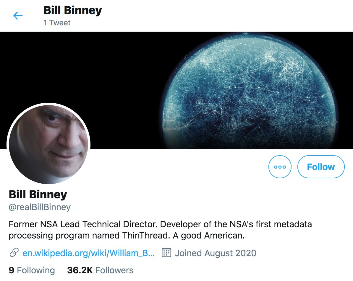 Over in  #TheMighty200  #MAGA retweet DM rooms, a newly-created account by the name of  @realBillBinney (supposedly run by ex-NSA employee and Russian DNC email hack denier Bill Binney) is being promoted.cc:  @ZellaQuixote