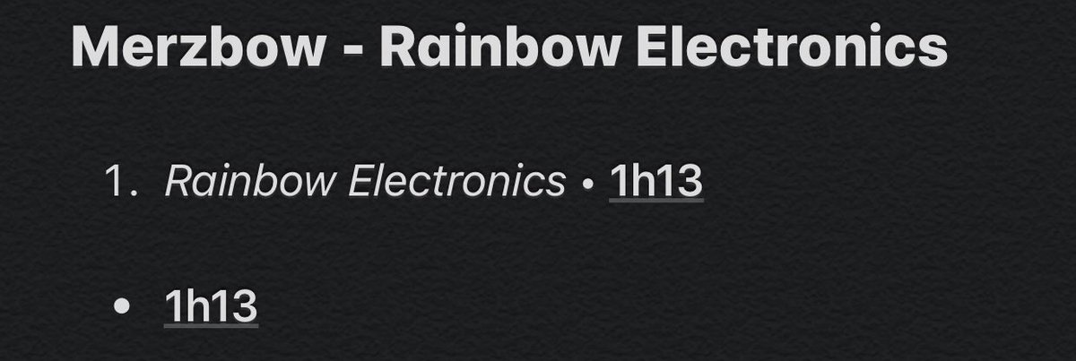 5/107: Rainbow ElectronicsThis album is the first 1-track project from Merzbow I listened (he has many others). It sounds sometimes chaotic, sometimes minimalistic, sometimes ambient, sometimes industrial so I’m glad this album is not just a long boring track.