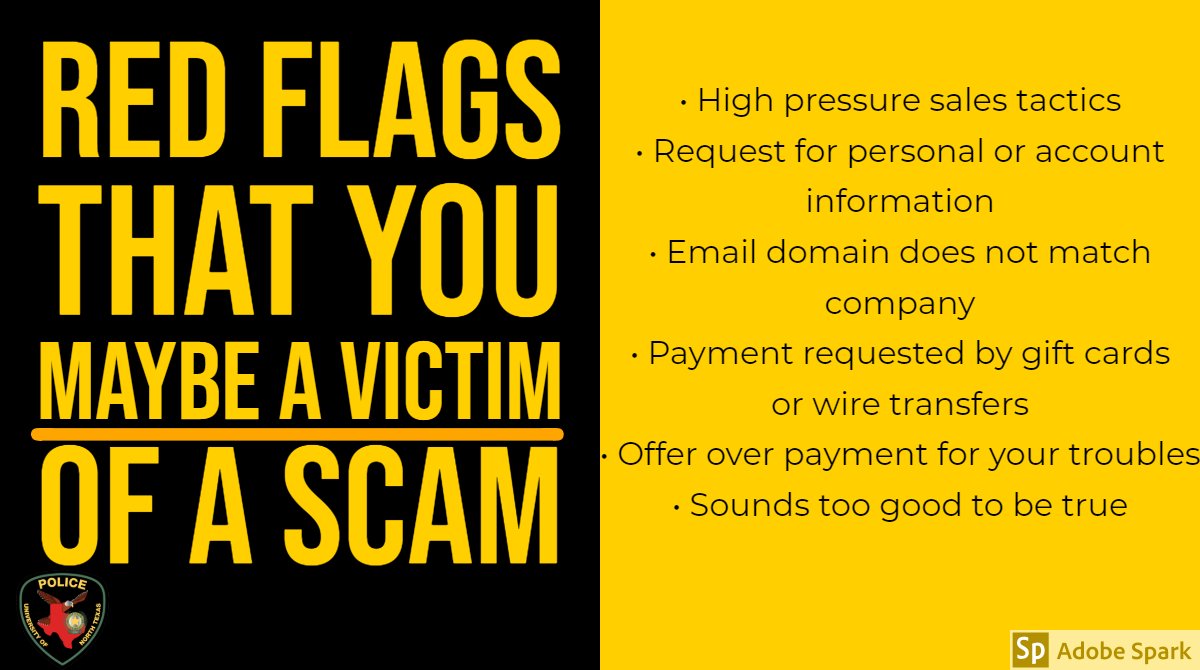 UNTPolice's tweet image. At the beginning of the semester we tend to see an uptick in the amount of scams around our community. If you have been the victim of a scam or feel someone is attempting to scam you call us 940-565-3000 (non emergency) 911 (emergency)
