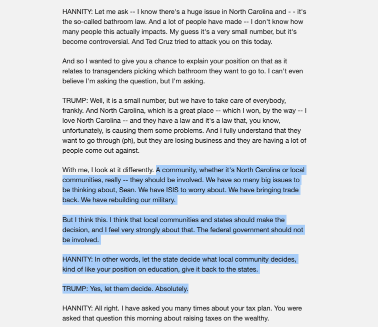 But immediately after that, Trump appeared on Hannity's show and took the exact OPPOSITE position. Complete flip-flop in less than a day.  https://web.archive.org/web/20170211204501/http://www.foxnews.com/transcript/2016/04/21/donald-trump-accuses-his-rivals-buying-delegates/