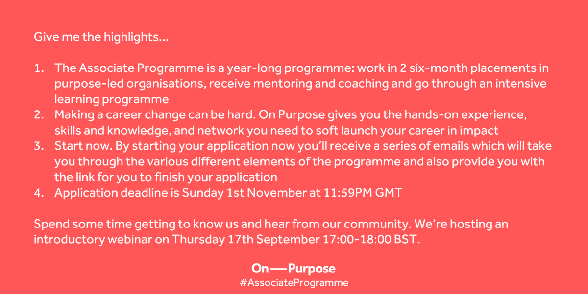 OnPurposeUK's tweet photo. 💥 Positions for the On Purpose #AssociateProgramme are LIVE

Start your application: https://t.co/B5HHIGy0Gv
Come along to our next event: https://t.co/G4DB765CSU

#careerchange #job #recruitment #hiring #networking #socialimpact #environmentalimpact #impactjob #nonprofit #bcorp https://t.co/vmseEXYsLi