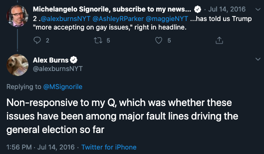 And whenever someone tried to correct NYT misrepresentations of Trump's LGBTQ views, we were either ignored or we were condescended to. Example:  https://twitter.com/alexburnsNYT/status/753664665566216197