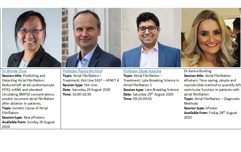 Tune in this weekend to hear the following @ICVS_UoB  speakers at this year’s European Congress 2020 Congress – Saturday 29 August – Tuesday 1 September! 
@afnet_ev #ESCCongress #EASTtrial @AtrialFibUK @escardio; @unibirm_MDS