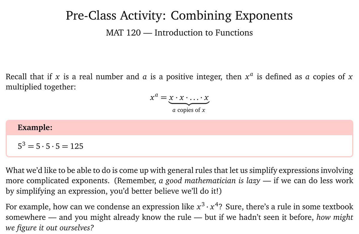 Goal for this year in College Algebra:  #EndSimplifyI want to be transparent about what students should do. Expand, contract, write without negative exponents, write WITH negative exponents. "Simplify" is subjective and overloaded.Materials I'm working on attached.