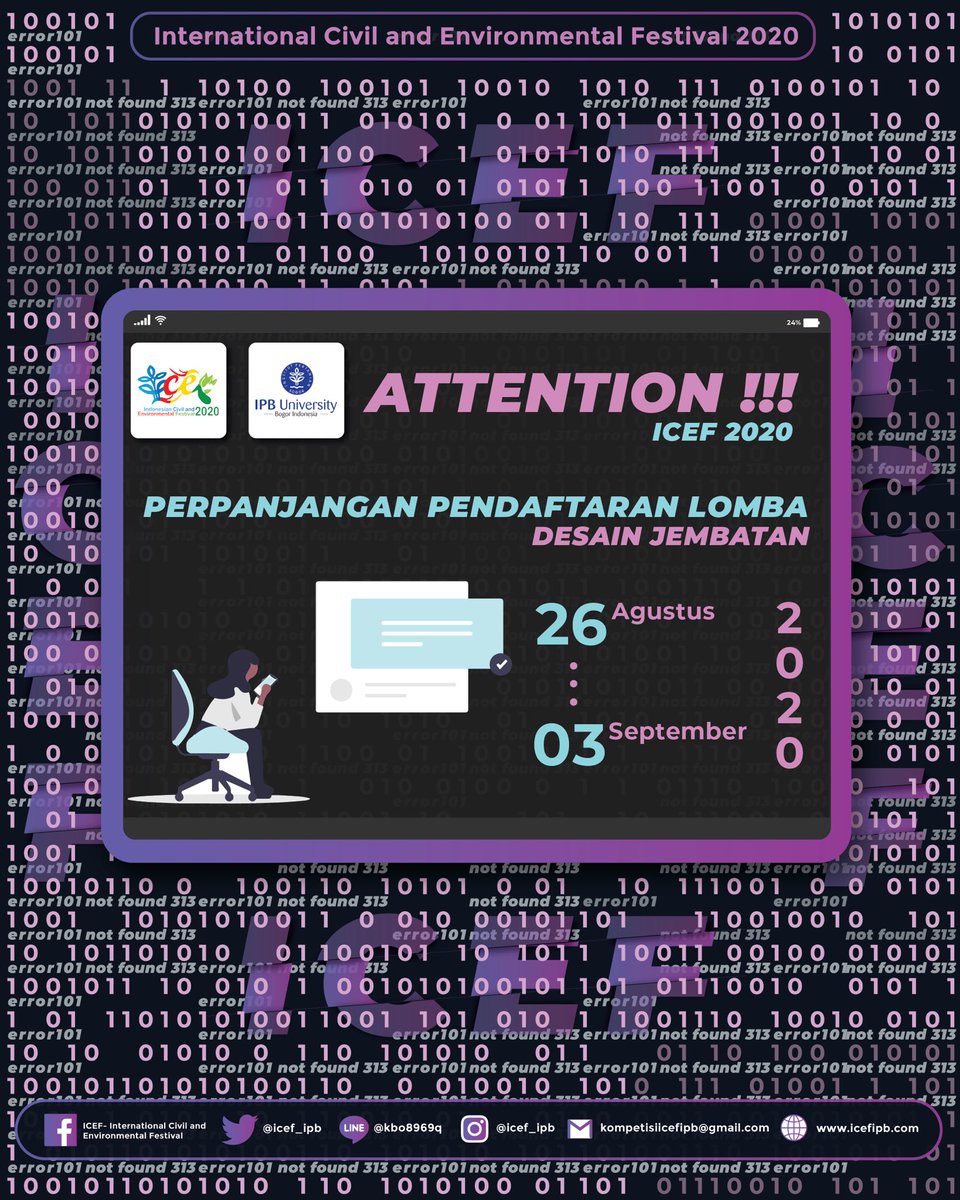 [PERPANJANGAN PENDAFTARAN LOMBA]
untuk info selanjutnya :
• Ecovillage
bit.ly/EcoVillageICEF…
• Maket Jembatan
bit.ly/DesainJembatan…
#ICEF2020 #SILIPB #Civil #Environmental #Engineering #AcaraIPB #LombaSipil #InfoLomba #LombaMahasiswa #TeknikSipil #TeknikLingkungan